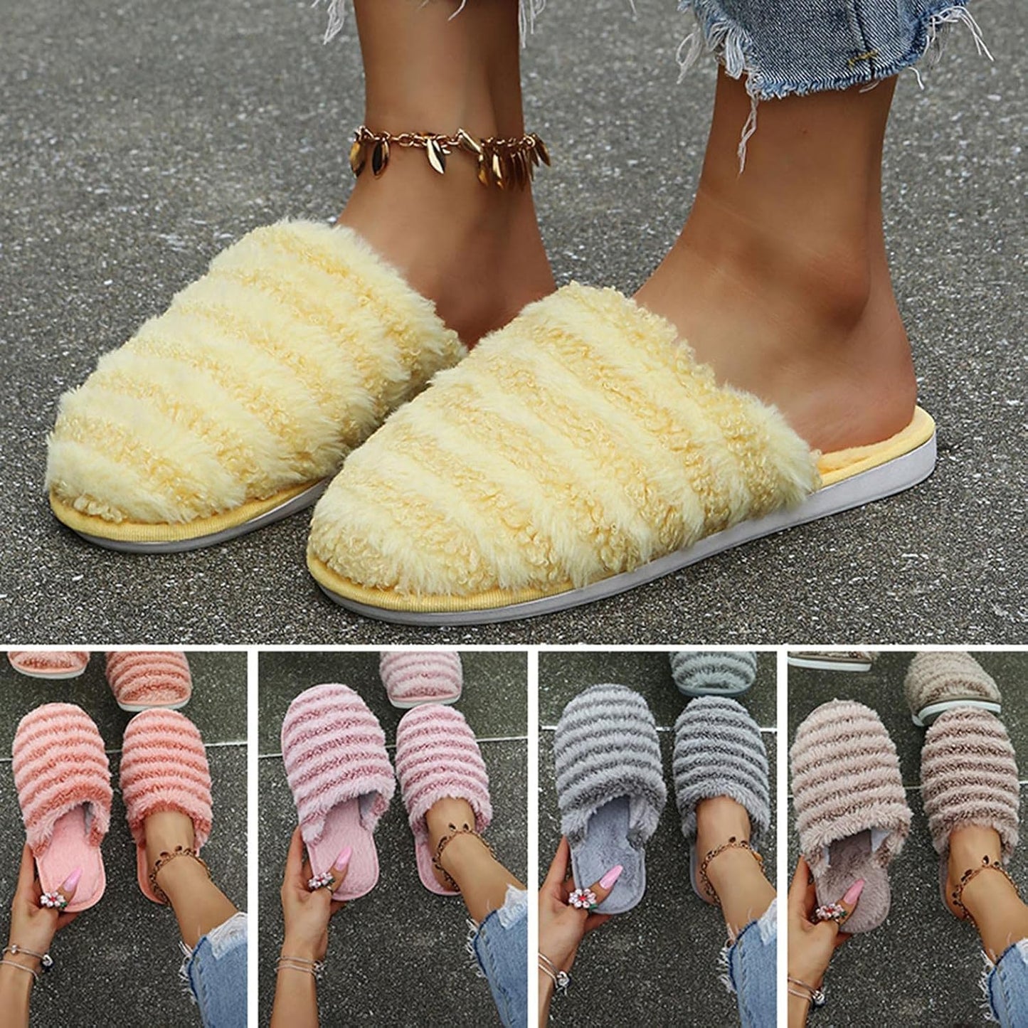 Slippers for Women Indoor Fur Fuzzy Slippers Memory Foam House Shoes Plush Slip on Fleece Outdoor Fluffy Home Slippers